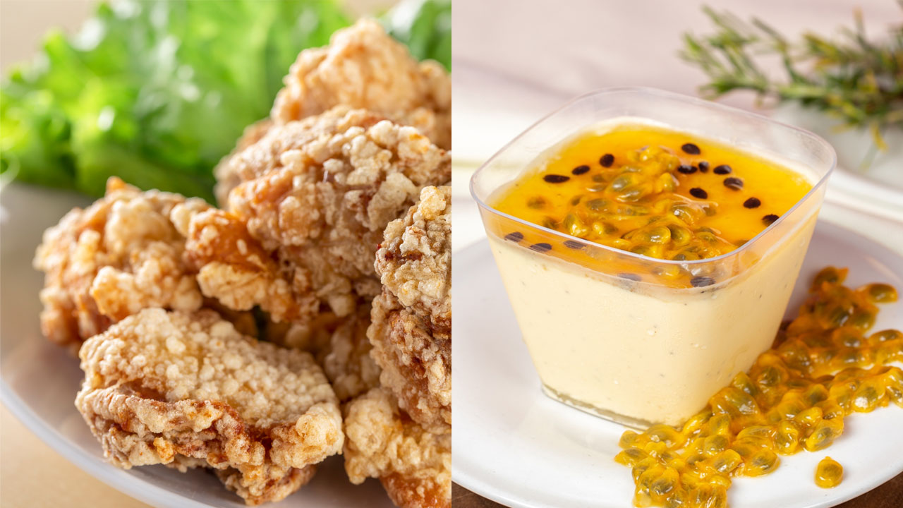 Left: Karaage (fried chicken) | Right: Passionfruit mousse