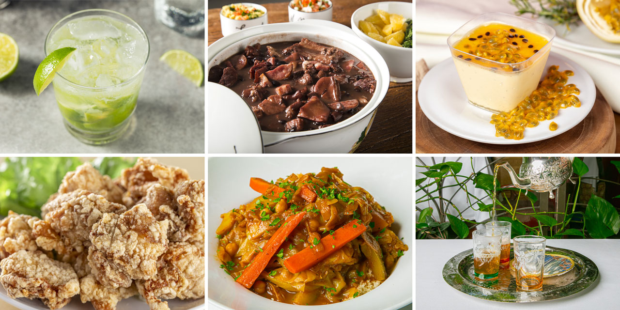 DEI-Food-Collage-1280 Top Left: Caipirinha | Top Center: Feijoada | Top Right: Passionfruit mousse | Bottom Left: Karaage (fried chicken) | Bottom Center: Vegan couscous | Bottom Right: Moroccan mint tea