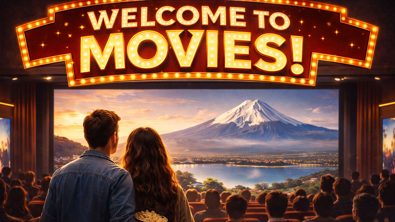 A crowded cinema with a screen showing a mountain landscape and an illuminated marquee saying “WELCOME TO MOVIES!” above.