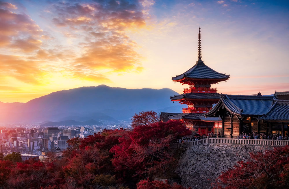 Kyomizu Dera Temple at sunset in Kyoto, Japan